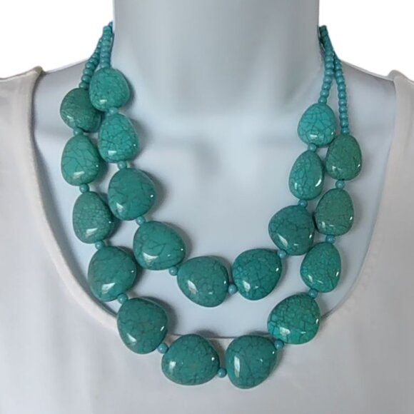 None Jewelry - Faux Stone Turquoise Two-Strand Adjustable Chunky Statement Necklace